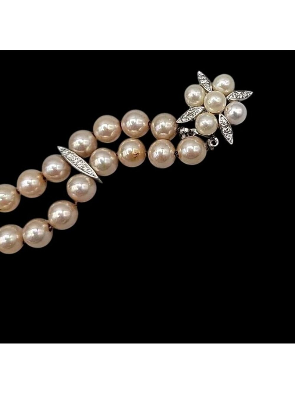 Vintage Panetta Double Strand Champagne Faux Pearl Bracelet Rhinestone Clasp - Picture 10 of 16